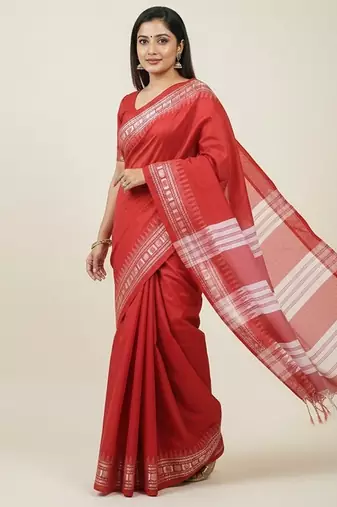 Red fancy cotton handloom saree with blouse piece for women