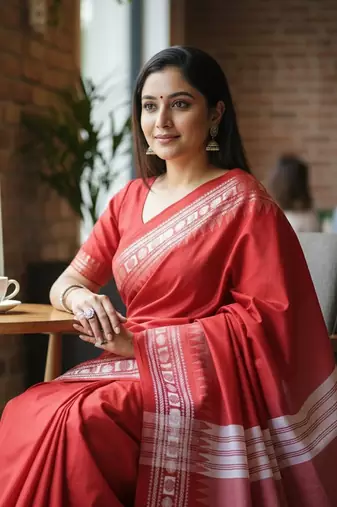 Red fancy cotton handloom saree with blouse piece for women