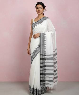 White fancy cotton handloom saree with blouse piece for women 1
