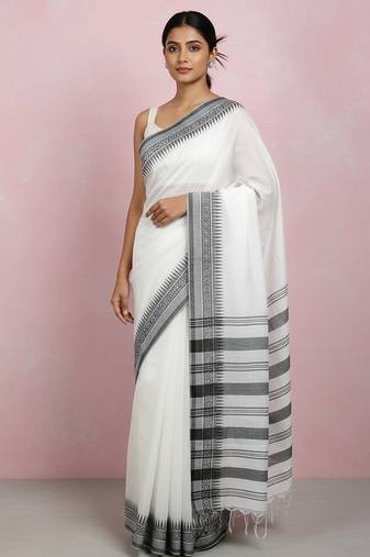 White fancy cotton handloom saree with blouse piece for women
