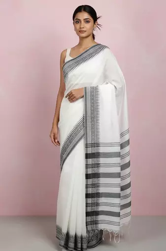 White fancy cotton handloom saree with blouse piece for women
