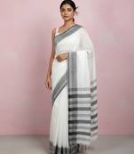 White fancy cotton handloom saree with blouse piece for women