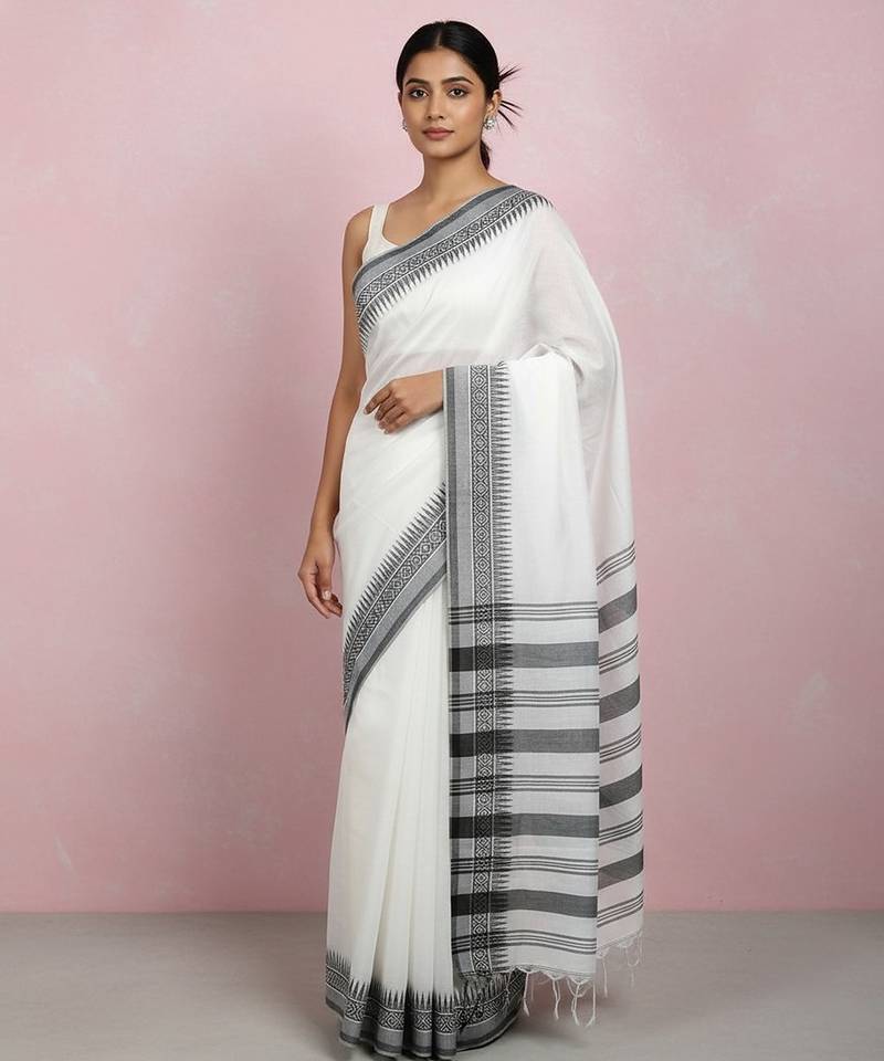 White fancy cotton handloom saree with blouse piece for women