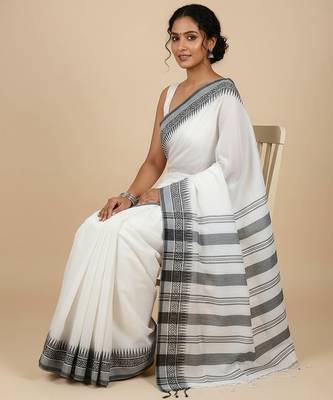 White fancy cotton handloom saree with blouse piece for women 2