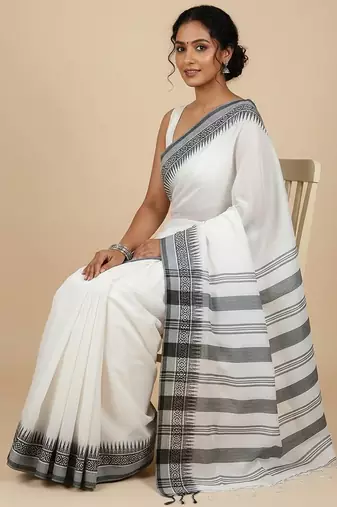 White fancy cotton handloom saree with blouse piece for women