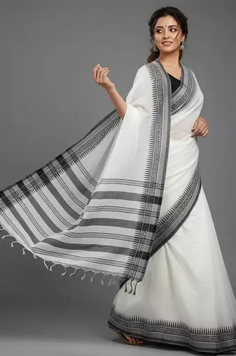 White fancy cotton handloom saree with blouse piece for women