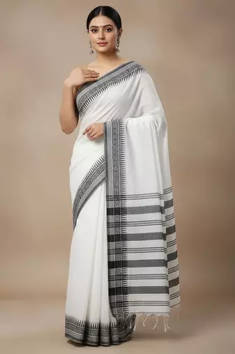 White fancy cotton handloom saree with blouse piece for women
