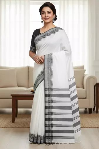 White fancy cotton handloom saree with blouse piece for women