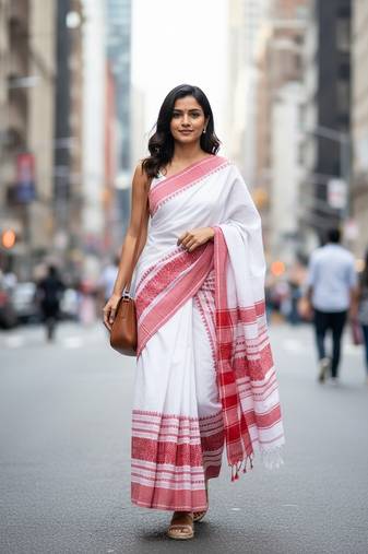 White & red fancy cotton handloom saree with blouse piece for women