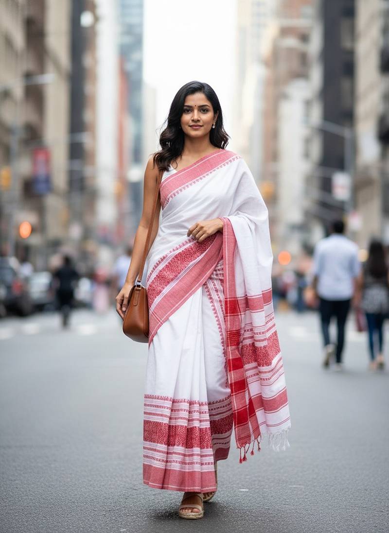 White & red fancy cotton handloom saree with blouse piece for women