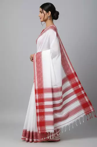 White & red fancy cotton handloom saree with blouse piece for women