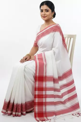 White & red fancy cotton handloom saree with blouse piece for women