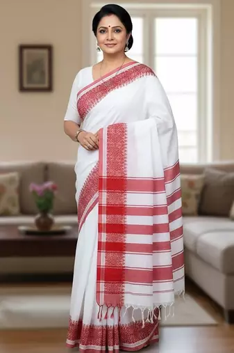 White & red fancy cotton handloom saree with blouse piece for women