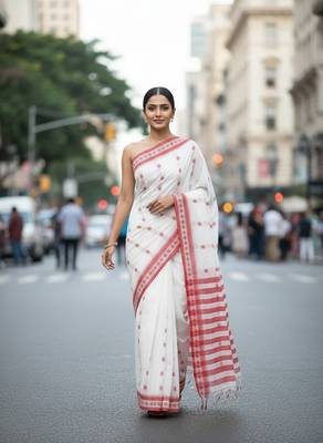 White fancy cotton handloom saree with blouse piece for women 1