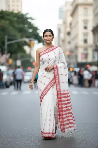 White fancy cotton handloom saree with blouse piece for women