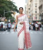 White fancy cotton handloom saree with blouse piece for women