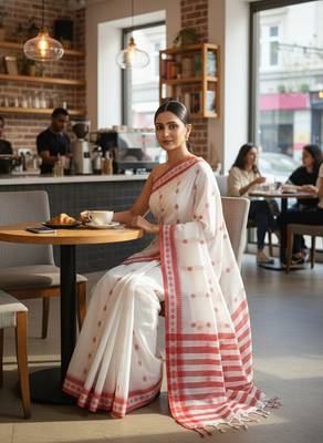 White fancy cotton handloom saree with blouse piece for women 2