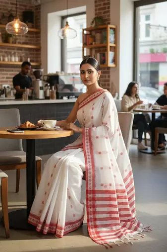 White fancy cotton handloom saree with blouse piece for women