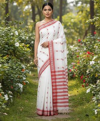 White fancy cotton handloom saree with blouse piece for women 3