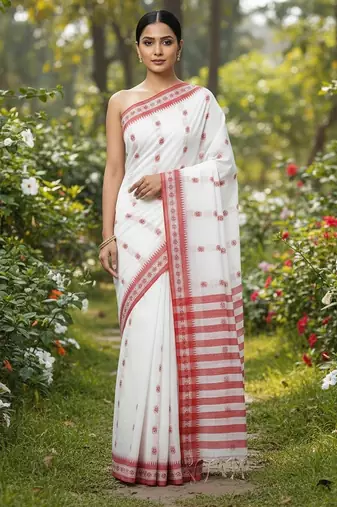 White fancy cotton handloom saree with blouse piece for women