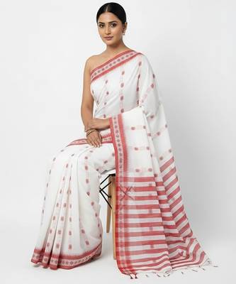 White fancy cotton handloom saree with blouse piece for women 4