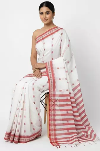 White fancy cotton handloom saree with blouse piece for women