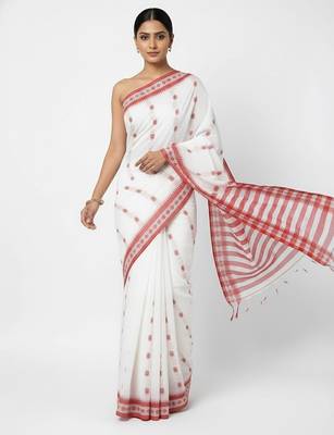 White fancy cotton handloom saree with blouse piece for women 5