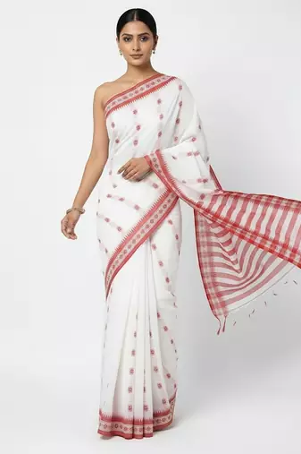 White fancy cotton handloom saree with blouse piece for women