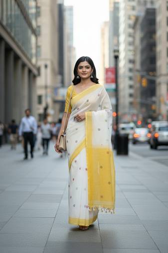 White & yellow fancy cotton handloom saree with blouse piece for women