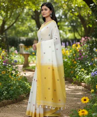White & yellow fancy cotton handloom saree with blouse piece for women 3