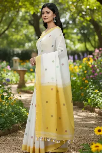 White & yellow fancy cotton handloom saree with blouse piece for women