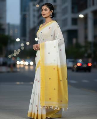 White & yellow fancy cotton handloom saree with blouse piece for women 4