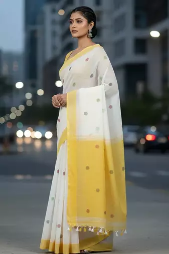 White & yellow fancy cotton handloom saree with blouse piece for women