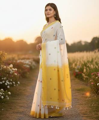 White & yellow fancy cotton handloom saree with blouse piece for women 5