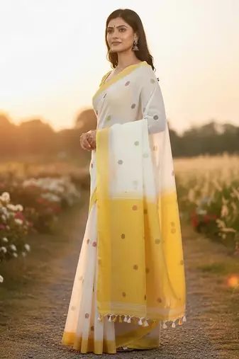 White & yellow fancy cotton handloom saree with blouse piece for women