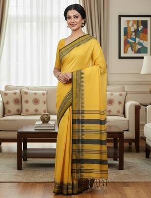 Yellow fancy cotton handloom saree with blouse piece for women 1
