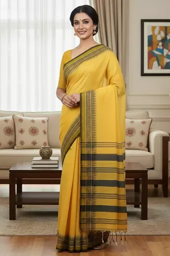 Yellow fancy cotton handloom saree with blouse piece for women