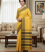 Yellow fancy cotton handloom saree with blouse piece for women