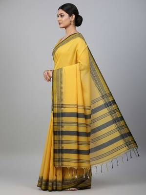 Yellow fancy cotton handloom saree with blouse piece for women 3