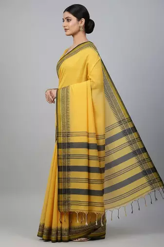 Yellow fancy cotton handloom saree with blouse piece for women