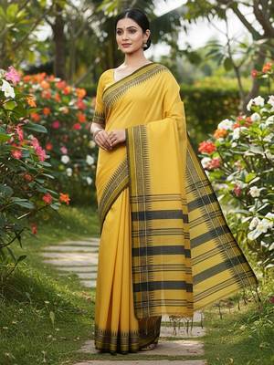 Yellow fancy cotton handloom saree with blouse piece for women 4