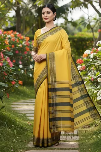 Yellow fancy cotton handloom saree with blouse piece for women