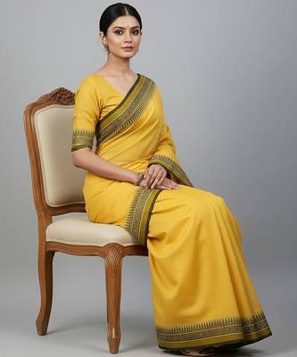 Yellow fancy cotton handloom saree with blouse piece for women 5