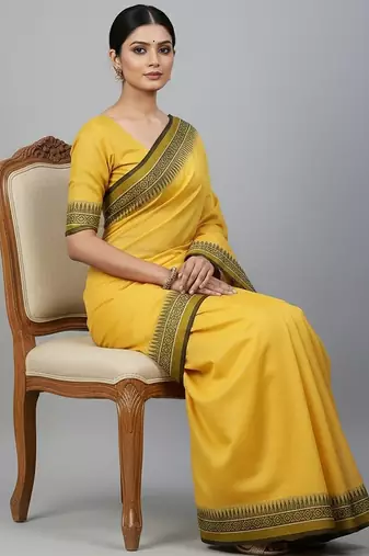 Yellow fancy cotton handloom saree with blouse piece for women