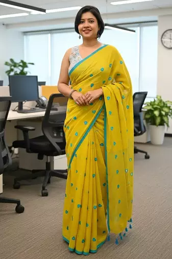 Yellow fancy cotton handloom saree with blouse piece for women