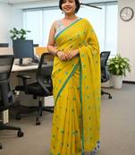 Yellow fancy cotton handloom saree with blouse piece for women
