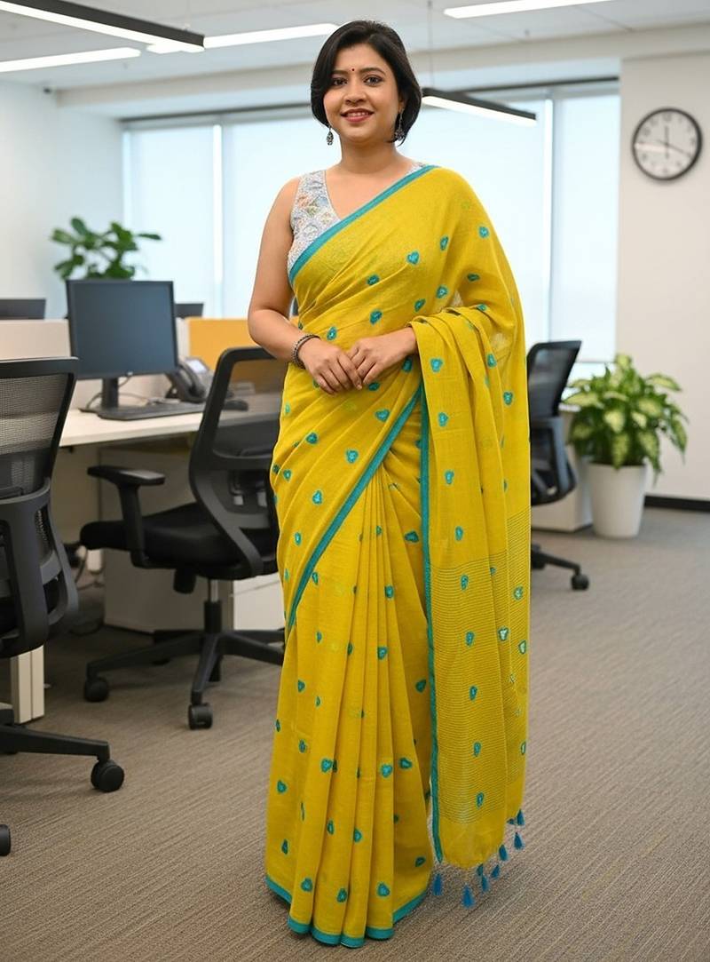 Yellow fancy cotton handloom saree with blouse piece for women