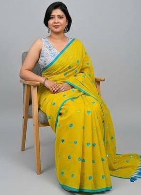 Yellow fancy cotton handloom saree with blouse piece for women 2