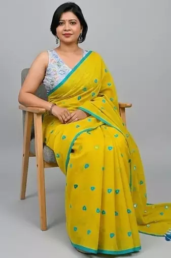 Yellow fancy cotton handloom saree with blouse piece for women