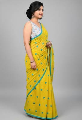 Yellow fancy cotton handloom saree with blouse piece for women 3